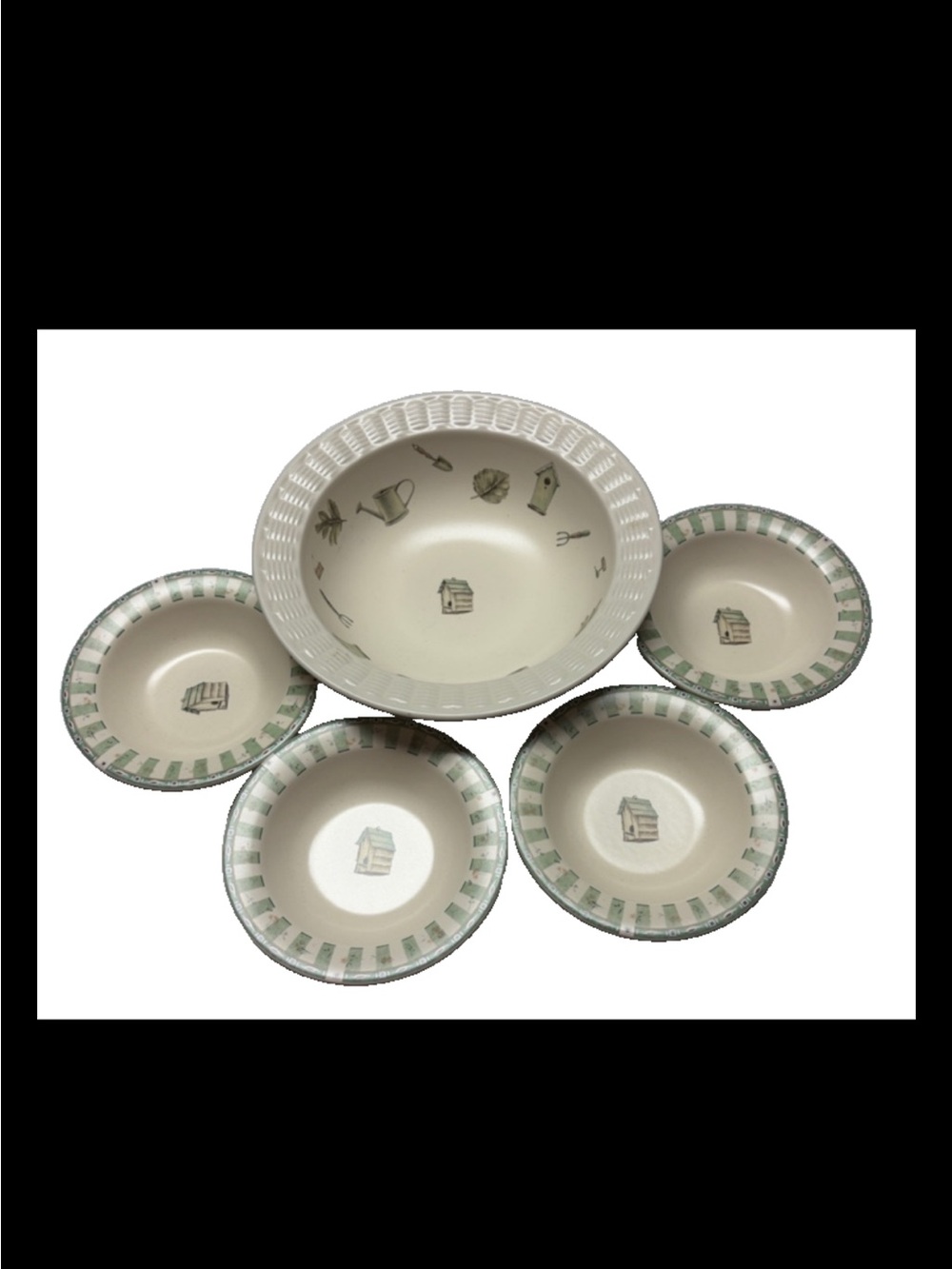 Pfaltzgraff NATUREWOOD 12” wicker edge salad/serving bowl + four 7” bowls